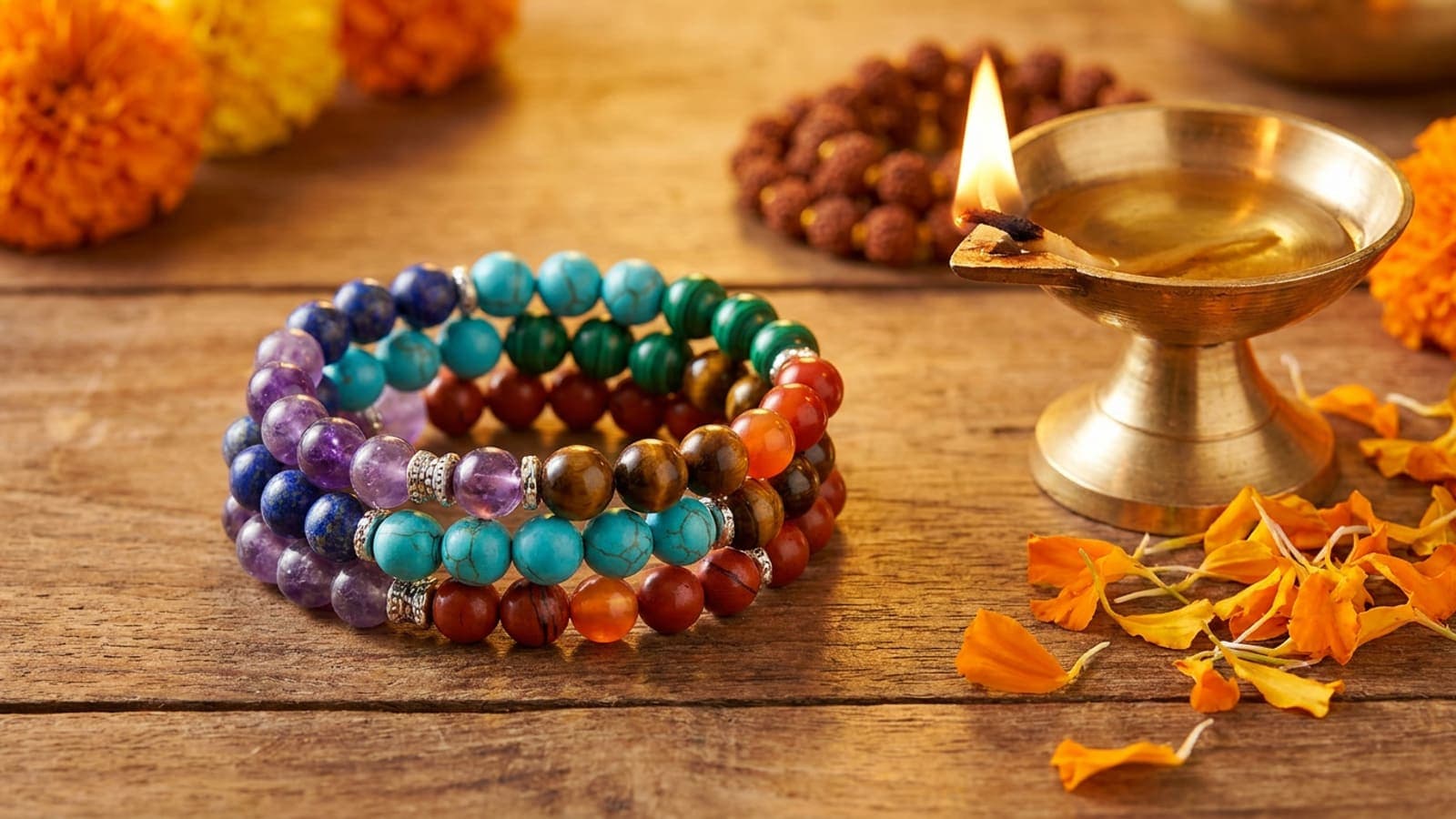 सात रंगों के प्राकृतिक पत्थरों वाला 7 चक्र ब्रेसलेट लकड़ी की सतह पर, पीछे दीया और रुद्राक्ष माला