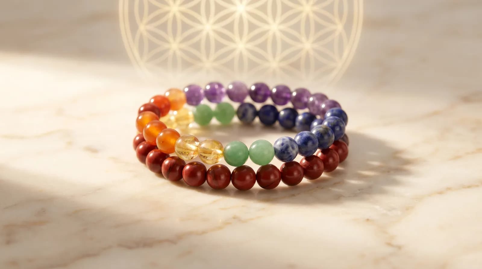 7 chakra bracelet with seven natural stones in root-to-crown colour order on ivory marble