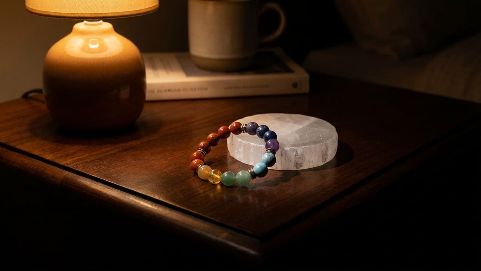 7 chakra bracelet resting on a bedside table beside a selenite plate at night, removed before sleep