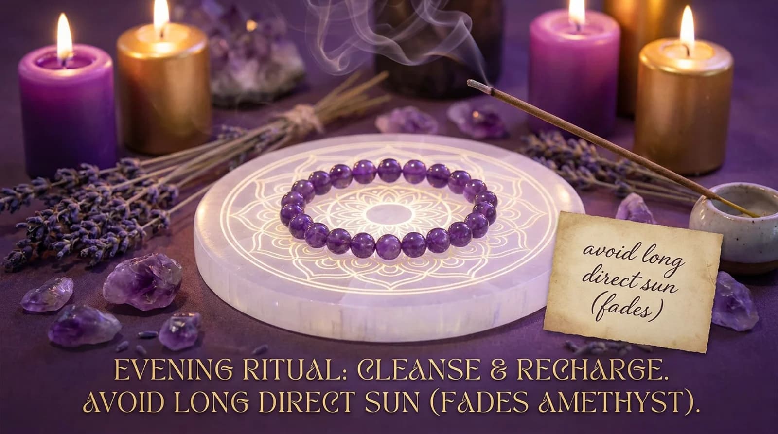 Certified natural amethyst bracelet resting on a brass plate under moonlight for cleansing and charging