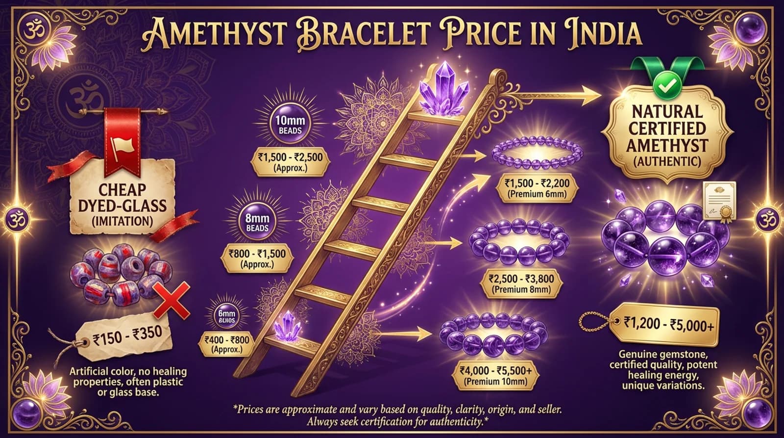 Certified natural amethyst bracelet with purple colour-zoning displayed beside its price tag and lab certificate