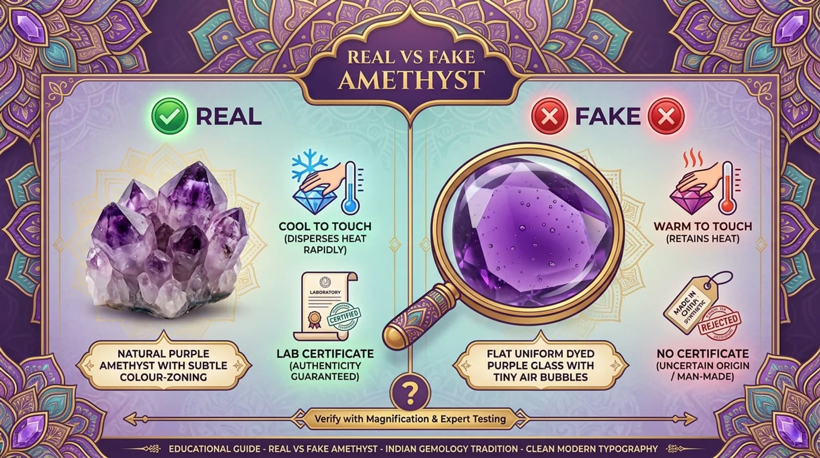 Macro comparison of a real natural amethyst bracelet showing colour-zoning beside a flat dyed-glass fake amethyst bracelet