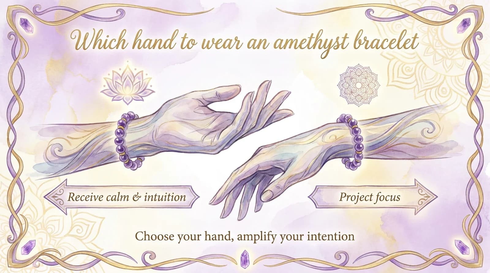 Natural purple amethyst bracelet worn on the left wrist, showing colour-zoning of genuine amethyst beads