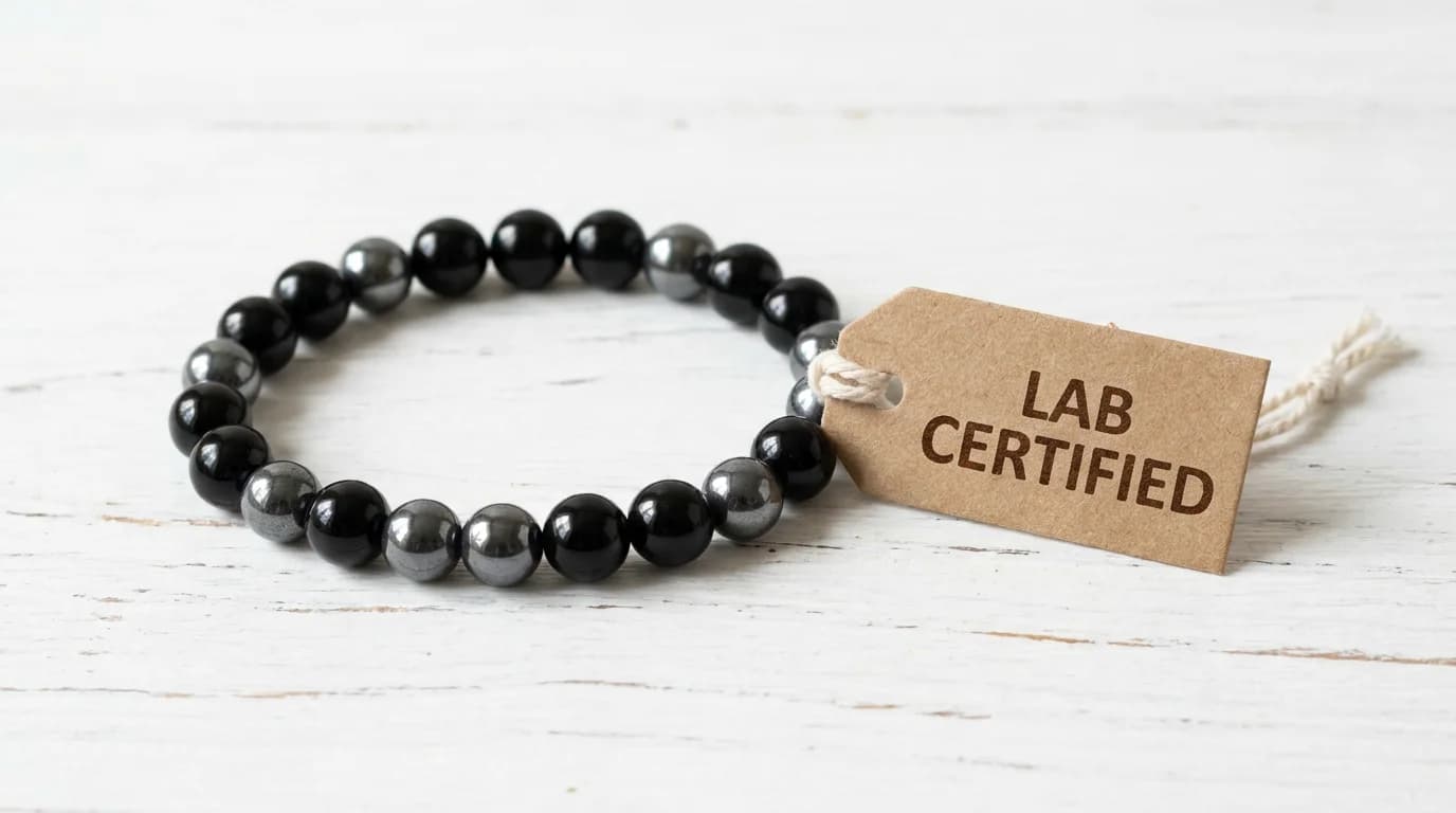 Certified black obsidian bracelet with hematite spacer beads photographed beside its lab certificate in Jaipur