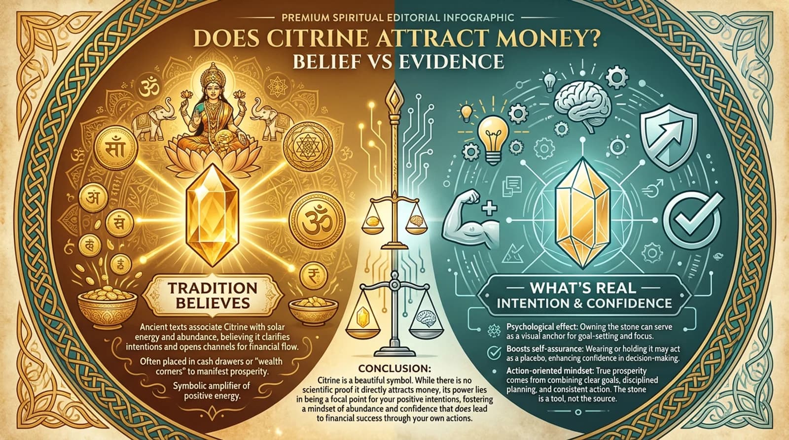 Golden citrine bracelet on a wrist beside a Jaipur lab certificate, illustrating the honest belief-vs-evidence wealth question