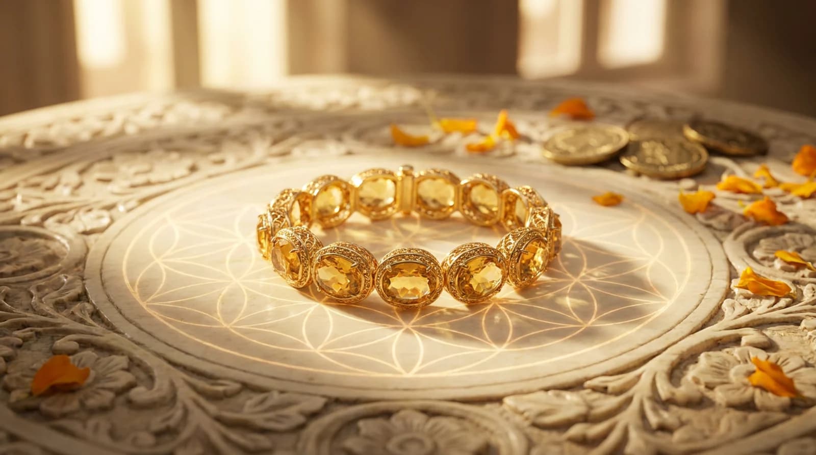 Golden citrine bracelet beads on a wrist beside a Jaipur lab certificate