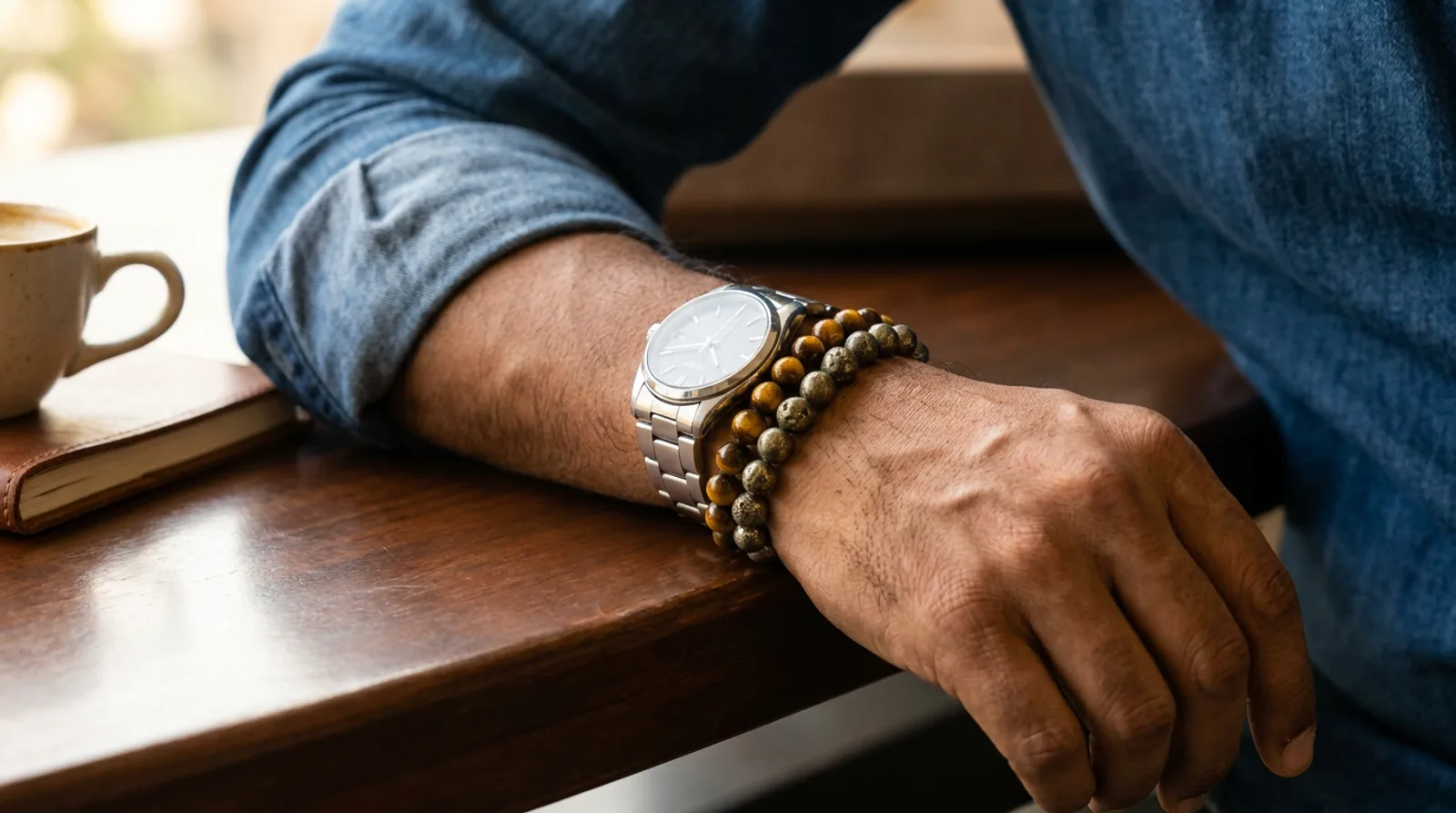 A man's wrist wearing stacked tiger eye and pyrite bead bracelets next to a steel watch