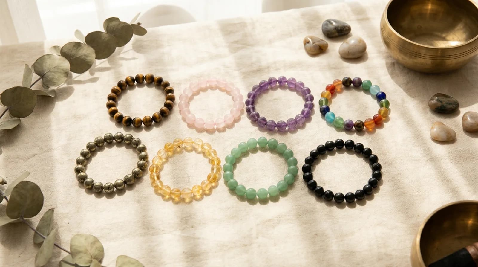 Eight natural crystal bead bracelets side by side — tiger eye, rose quartz, amethyst, 7 chakra, pyrite, citrine, green aventurine and black tourmaline