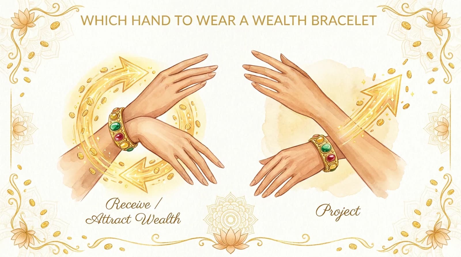 Six-stone dhan yog bracelet worn on the left wrist of a hand, showing pyrite, citrine and green aventurine beads