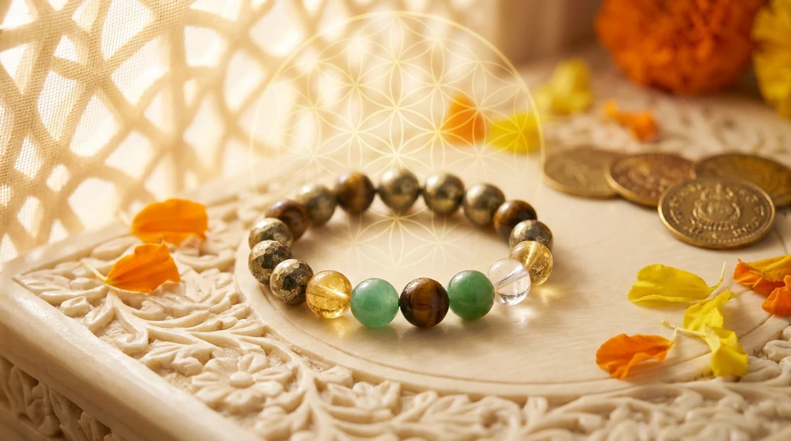 Lab-certified dhan yog bracelet with six 8mm wealth stones — Pyrite, Citrine, Green Aventurine, Tiger Eye, Green Jade and Clear Quartz — on an elastic band