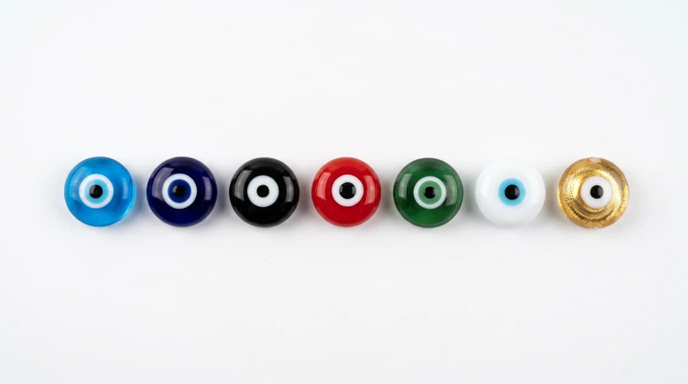 Row of evil eye bracelets in blue, black, red, green and white colours showing colour variations