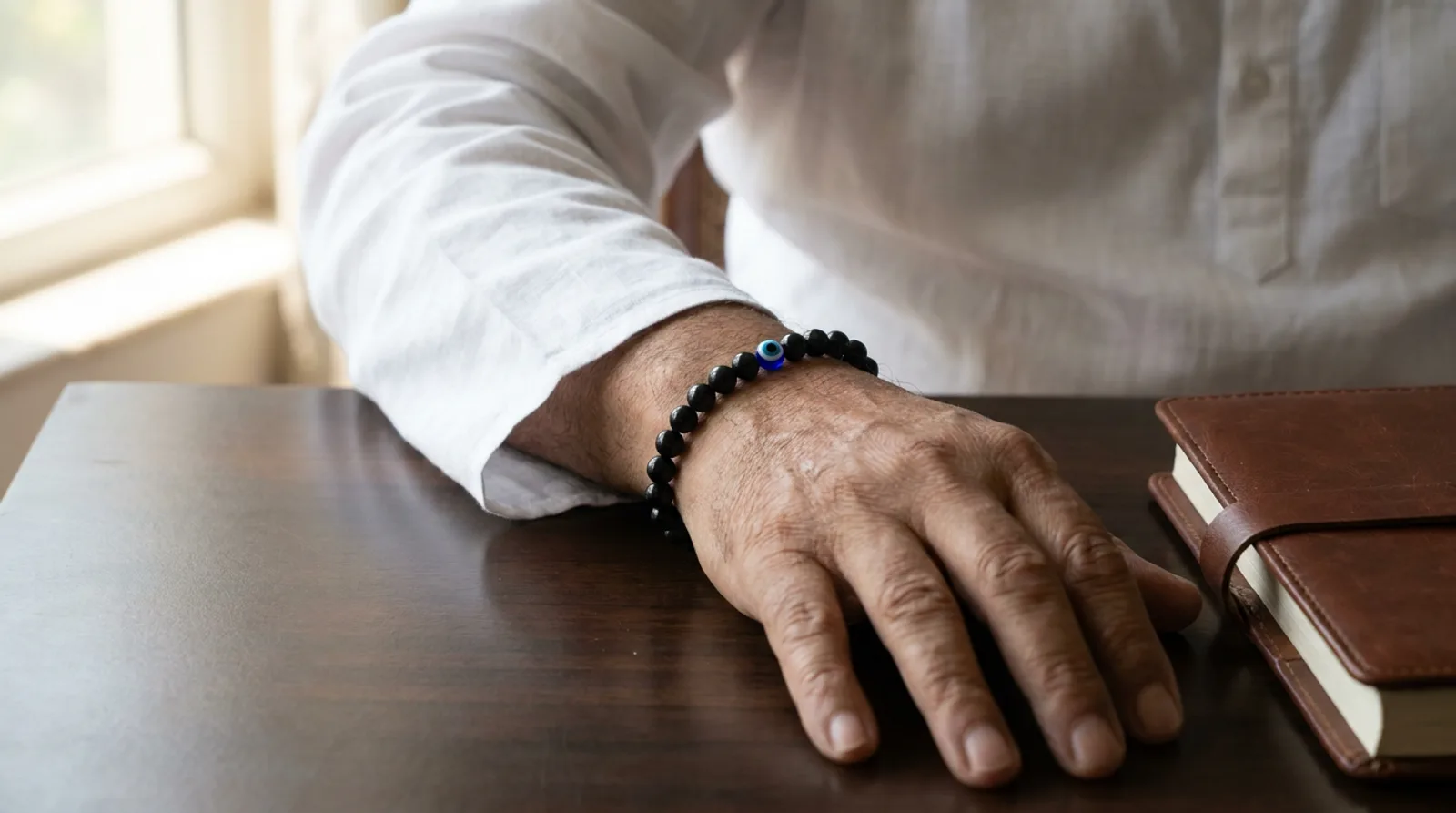 A man's wrist wearing a black bead bracelet with a single blue evil eye bead, resting on a wooden desk