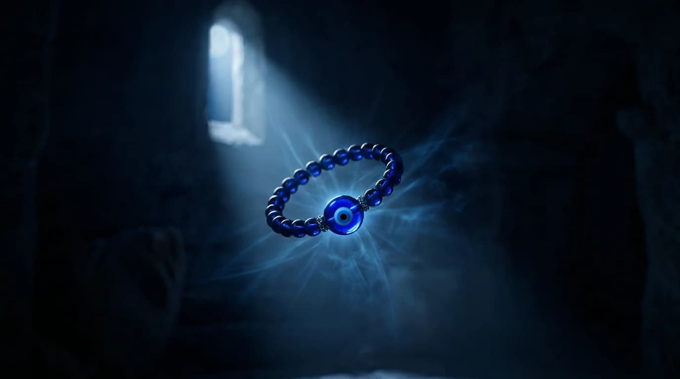 Lab-certified DivineTatva evil eye bracelet with blue glass nazar kavach charm on left wrist, Jaipur studio