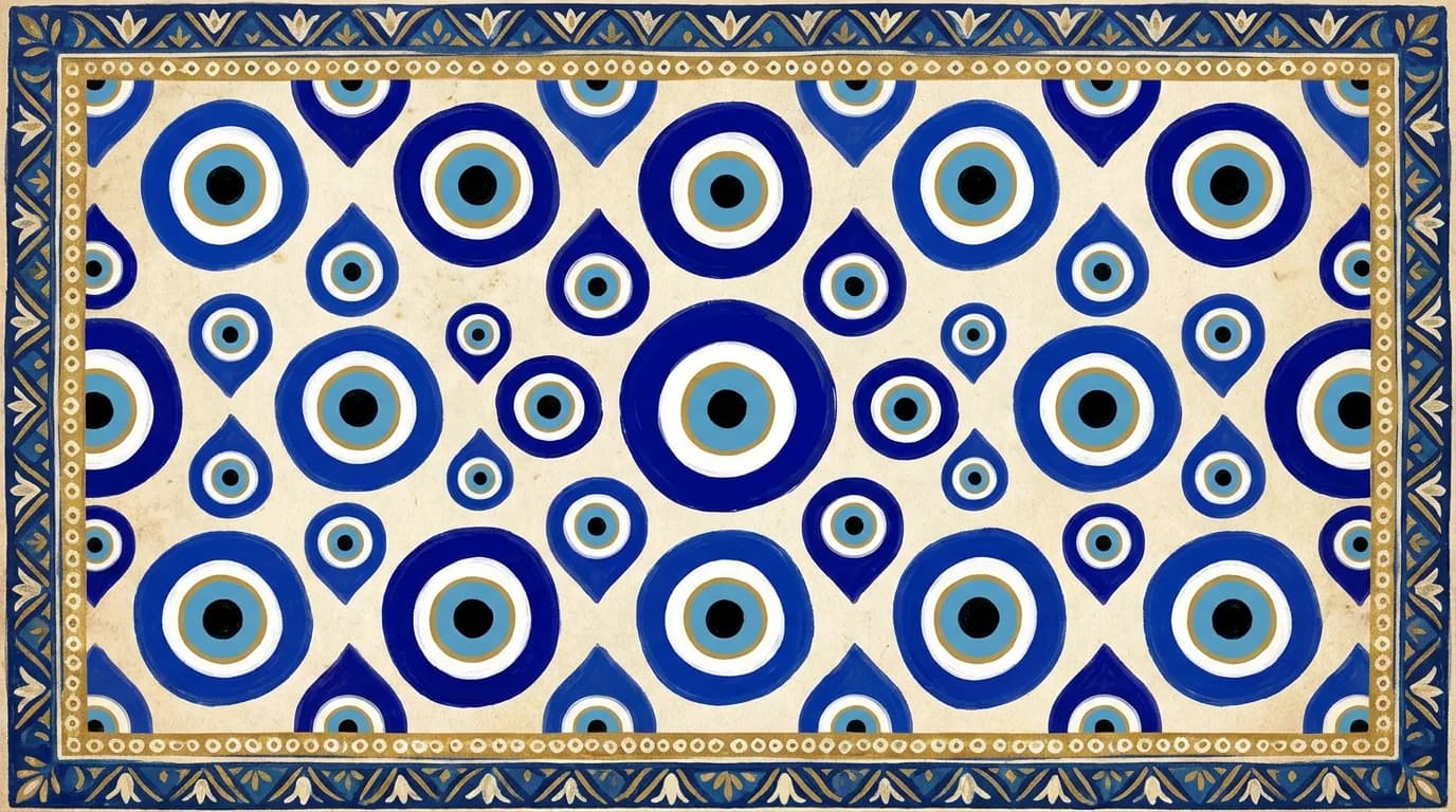Close-up of blue glass evil eye nazar kavach charm on bracelet, showing concentric ring detail