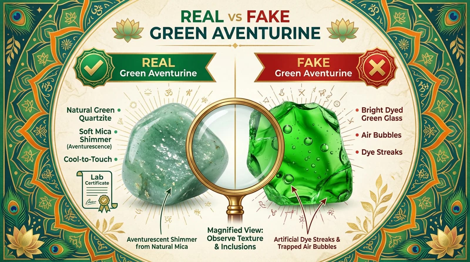 Certified natural green aventurine bracelet beside a dyed-glass fake, showing the shimmer and dye-streak difference in a real vs fake green aventurine test
