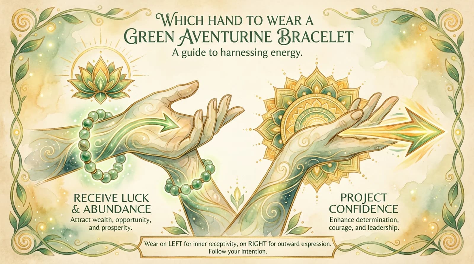 Certified natural green aventurine bracelet worn on the left wrist, showing soft green shimmer (aventurescence)
