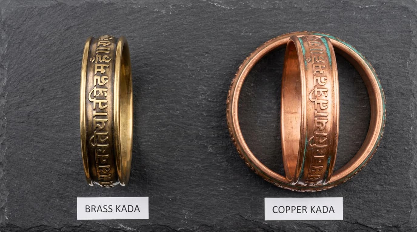 Side-by-side Hanuman Chalisa Kadas in brass (golden) and copper (reddish) with identical laser engraving visible