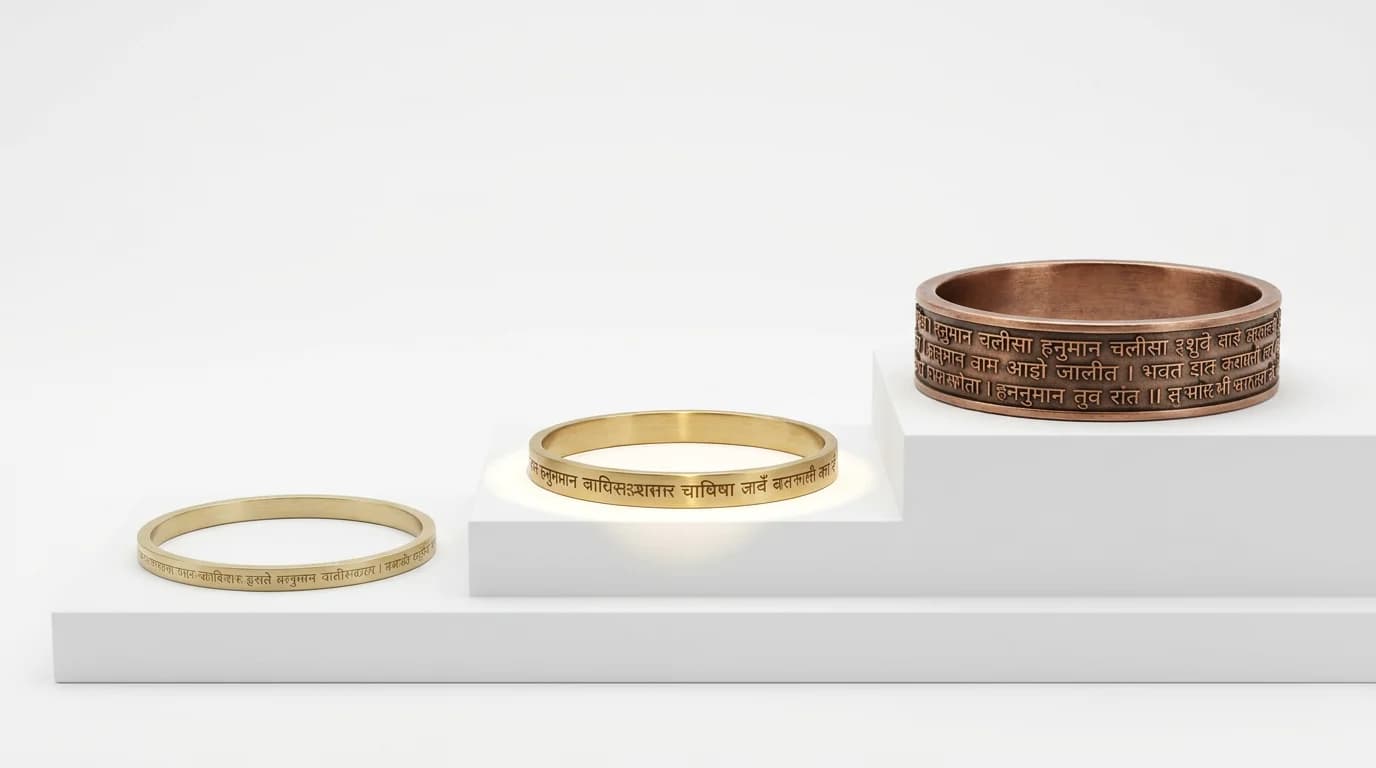 Three Hanuman Chalisa Kadas at different quality tiers side by side — thin printed, mid-range laser engraved, heavy copper