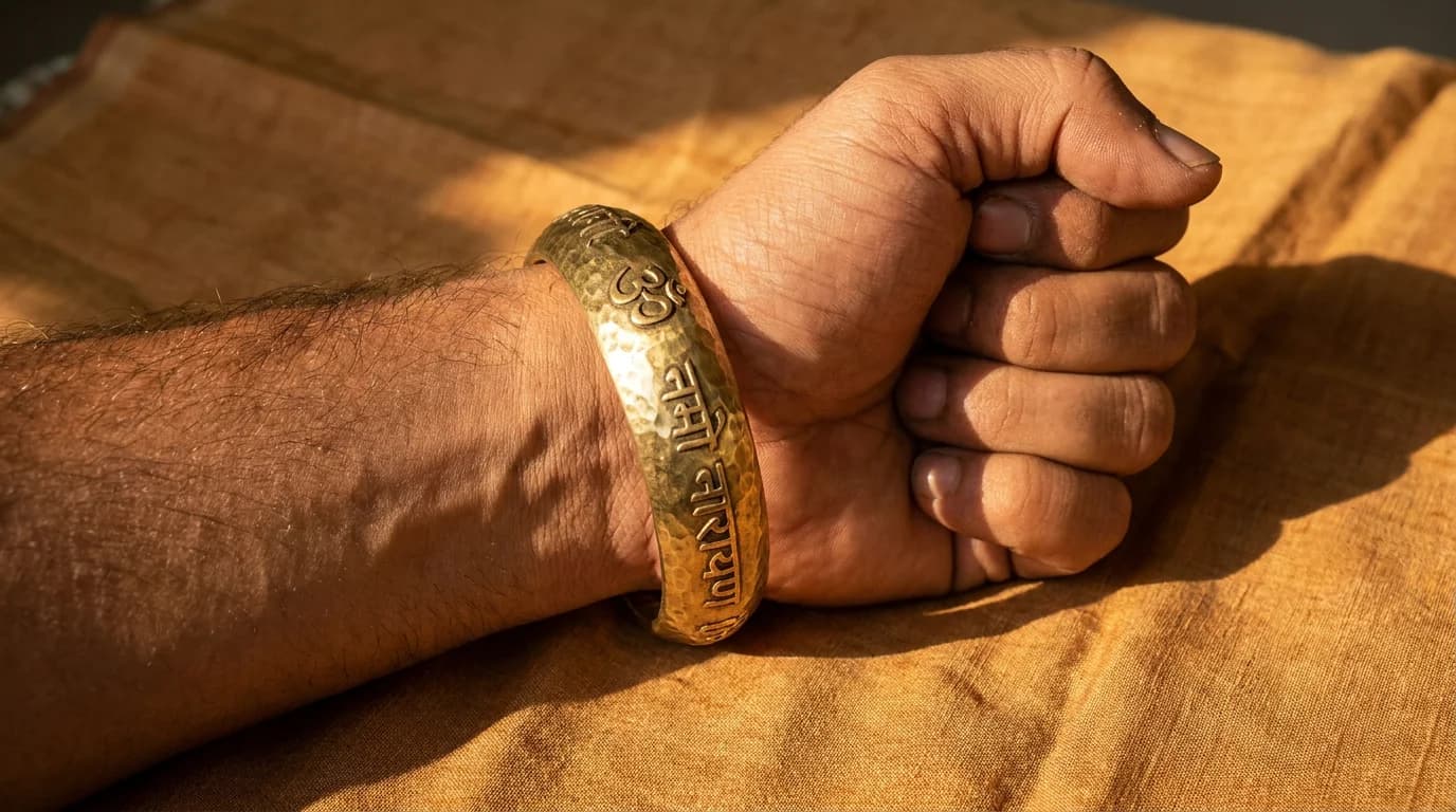 Hanuman Chalisa Kada worn on right wrist of a person with palms facing up, both hands visible for comparison