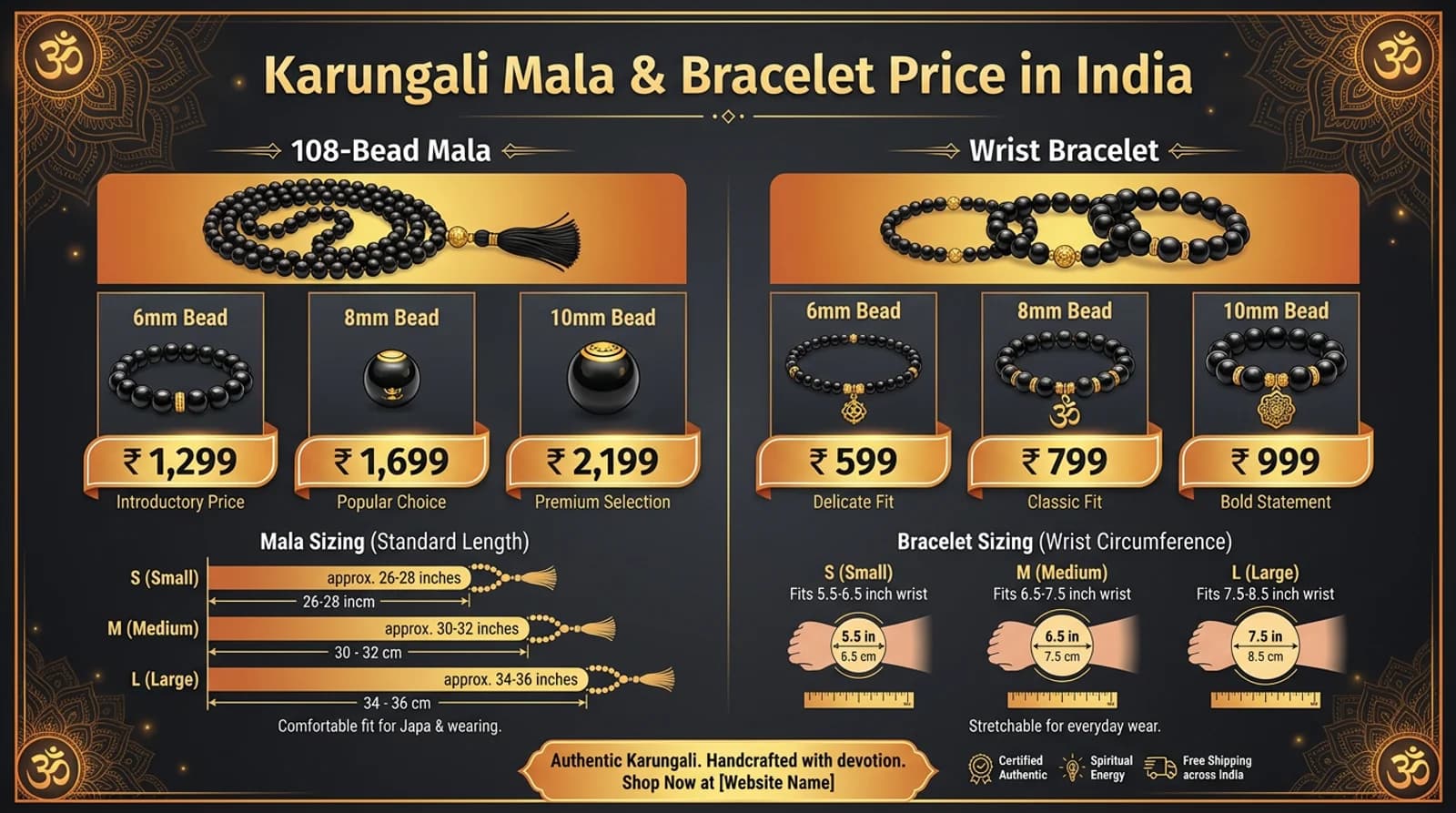 Certified black karungali mala with 108+1 beads beside an 8mm karungali bracelet, a lab certificate and a measuring tape for sizing