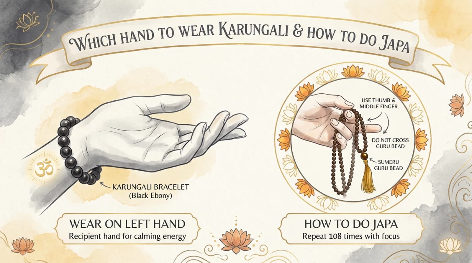 Certified karungali mala and 8mm karungali bracelet shown on the left and right wrist with correct japa hand position