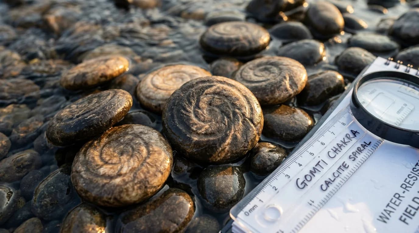 Genuine natural Gomti Chakra stones — cream-coloured calcite discs with natural surface markings — beside a yellow silk Kuber Potli