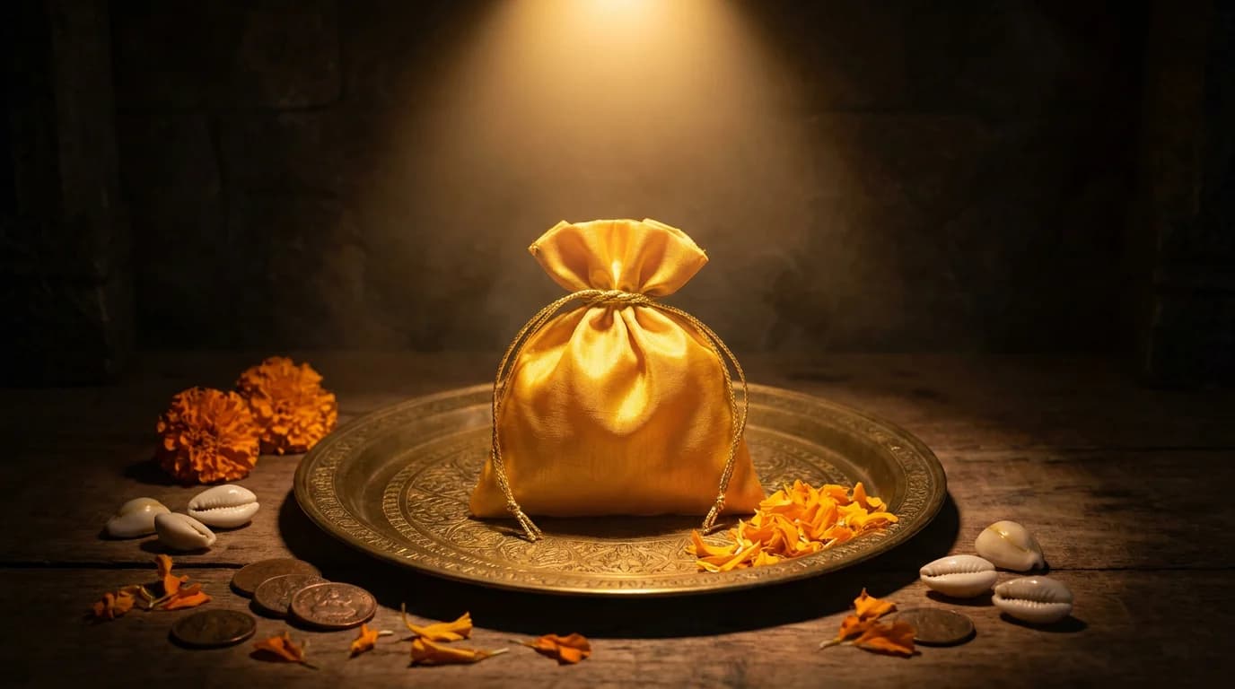 Yellow silk Kuber Potli filled with cowrie shells, Gomti chakra, and pyrite on a red cloth with marigold flowers