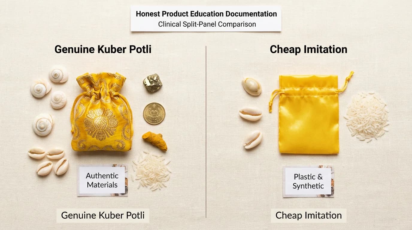 Side-by-side comparison of a genuine yellow silk Kuber Potli with natural contents and a cheap plastic imitation potli