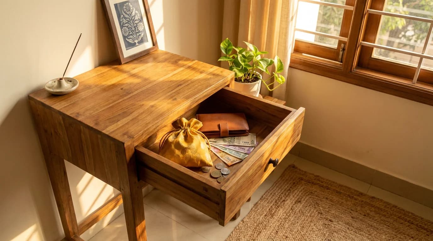 Kuber Potli placed inside an open wooden cash drawer alongside currency notes, with a clean cloth lining