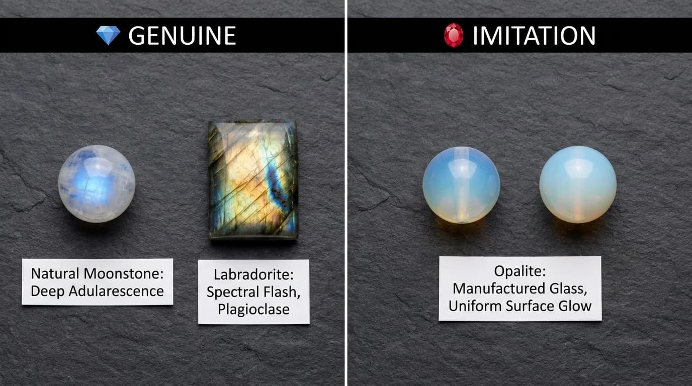 Clinical split-panel comparison: genuine moonstone bead with blue adularescence vs flat opalite glass on dark slate