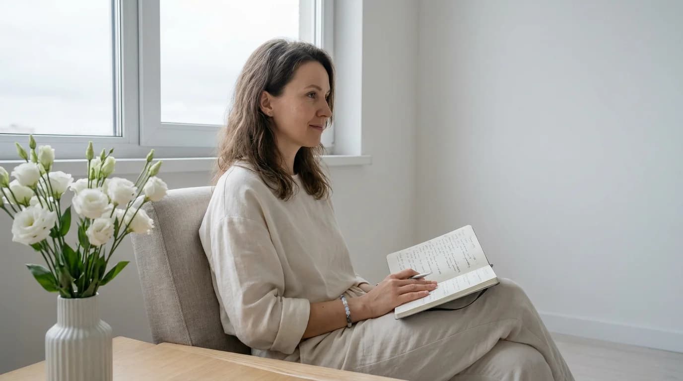 Woman sitting peacefully by a window with moonstone labradorite bracelet, soft cloudy natural light, journalling