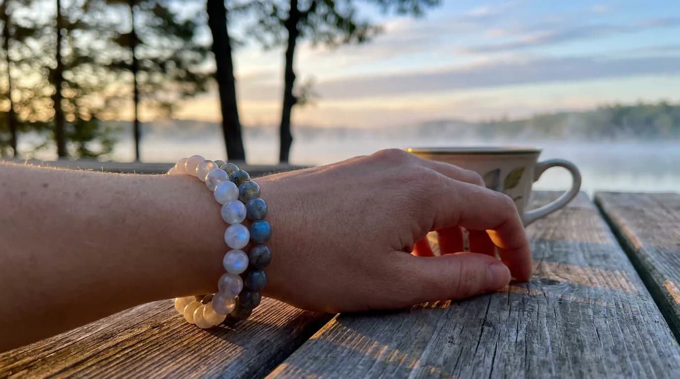 Woman's left wrist wearing moonstone labradorite bracelet in lotus pose at dawn with moonstone blue sheen visible