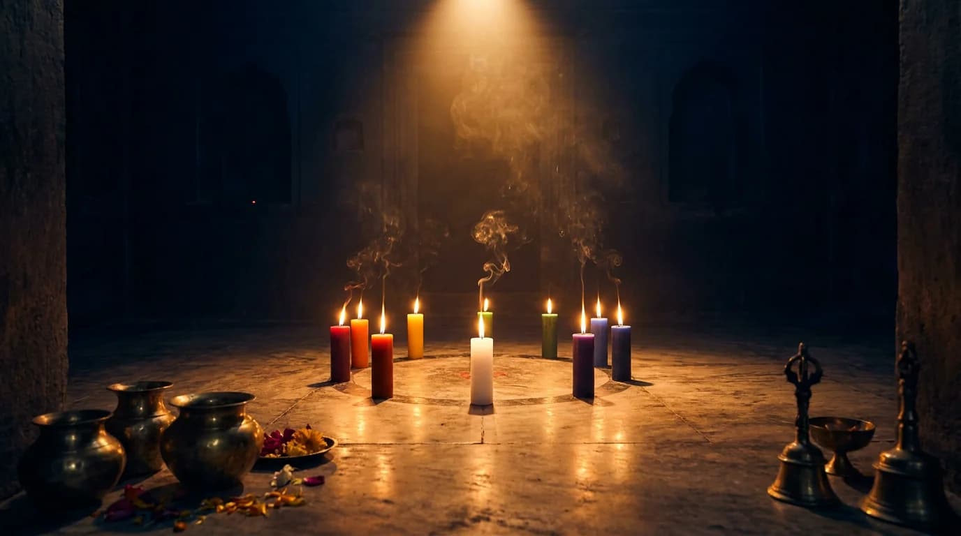Nine colour-coded Navagraha ritual candles arranged in a semicircle on a brass plate with incense