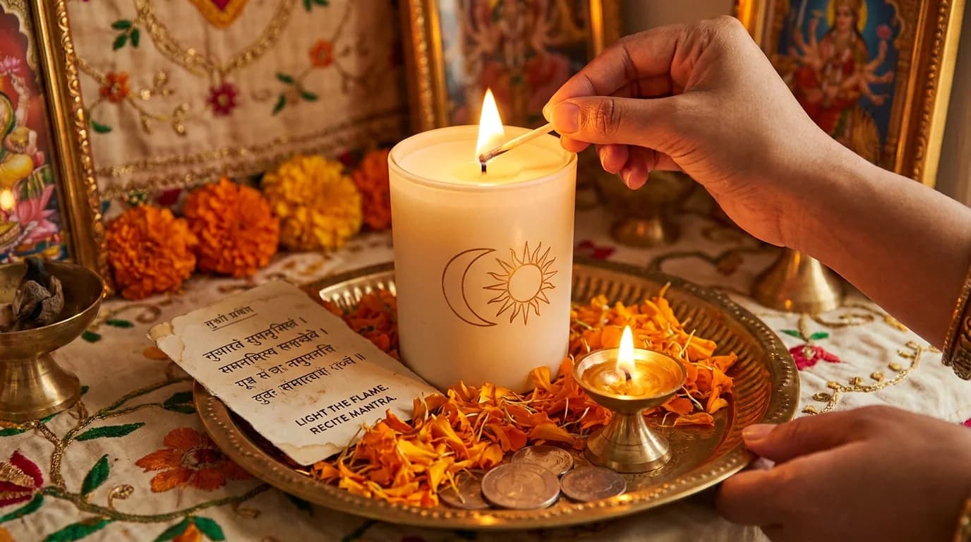 Hands lighting a red Surya Navagraha candle on a brass puja plate surrounded by flowers