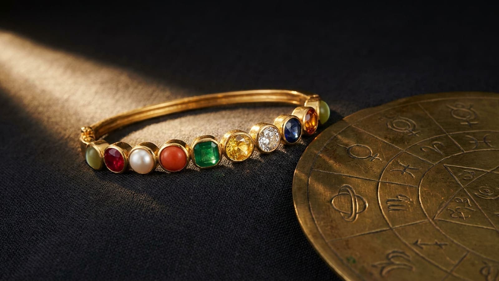 Navratna bracelet with nine planetary gemstones in classical sequence beside a Navagraha yantra on dark cloth