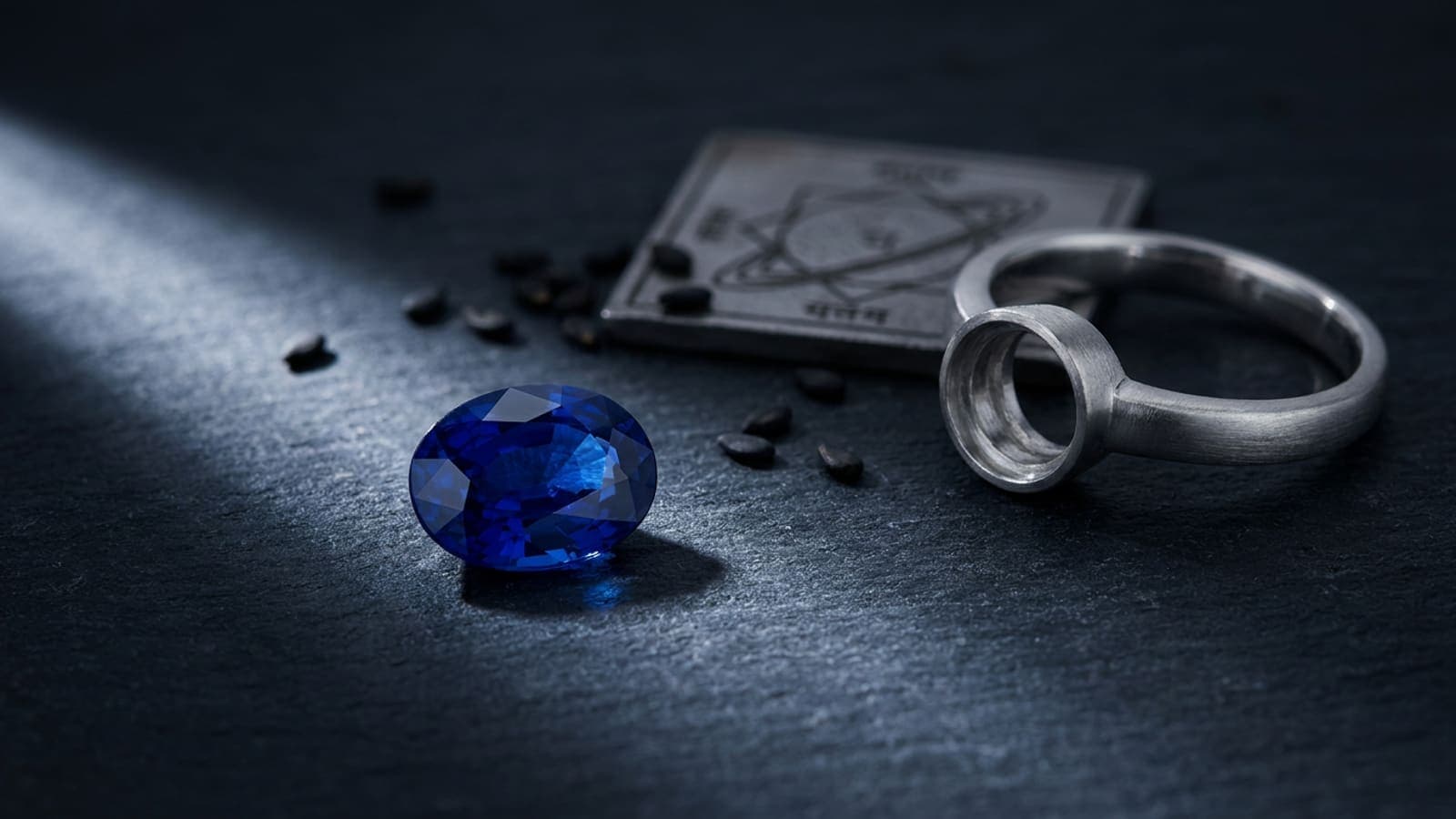 Deep blue unheated Ceylon neelam sapphire beside a silver ring and Saturn yantra on dark slate