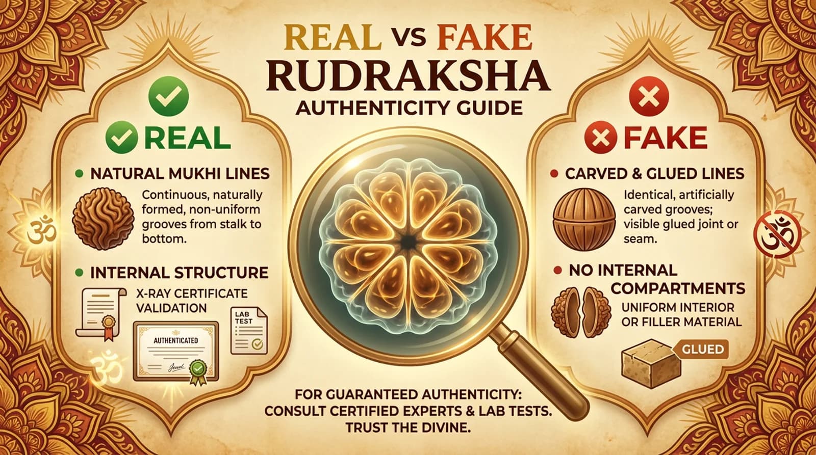 Original Nepali rudraksha bead beside its X-ray image showing internal seed compartments and a lab certificate