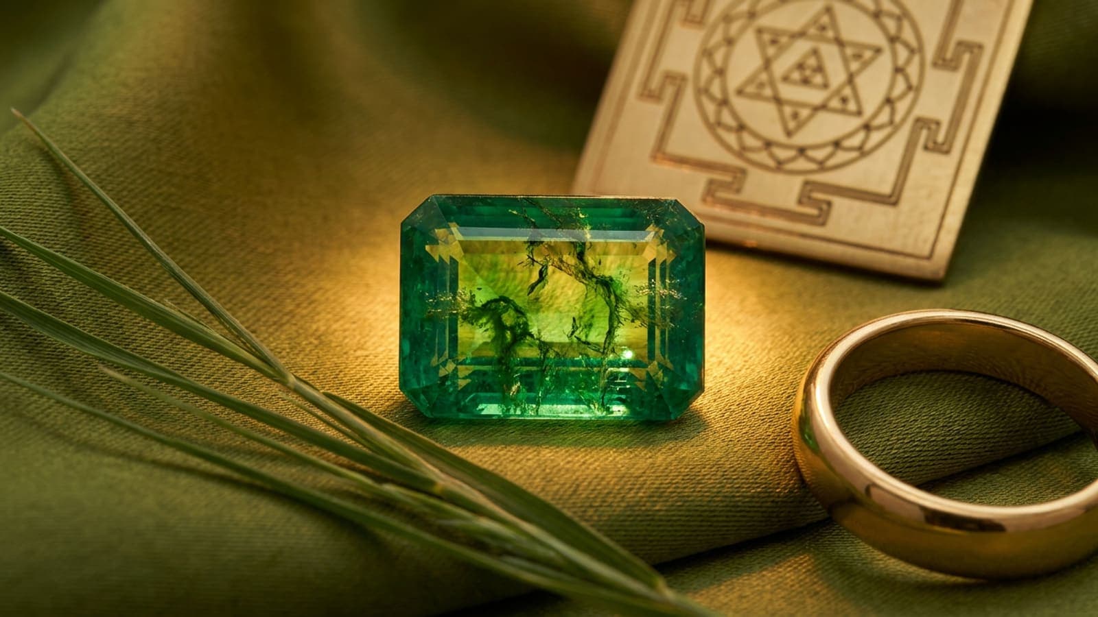 Vivid green Zambian emerald panna gemstone showing natural jardin inclusions beside a gold ring and Mercury yantra