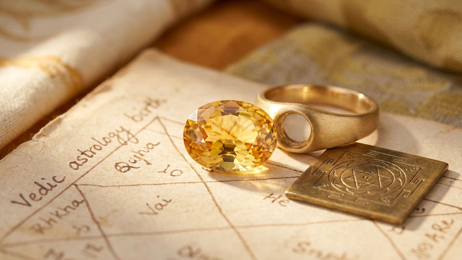 Unheated Ceylon yellow sapphire (pukhraj) oval gemstone beside a gold ring and Vedic birth chart on aged paper