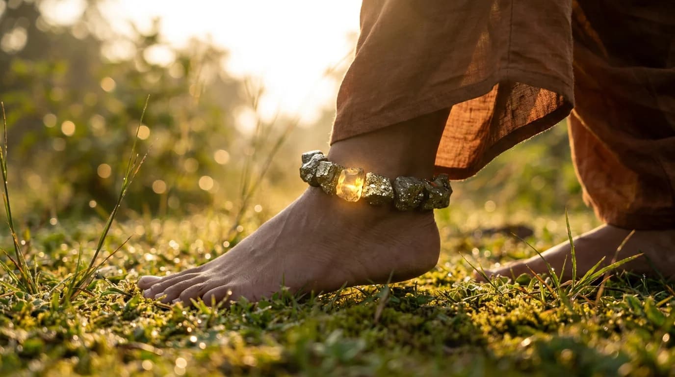 DivineTatva natural pyrite bead anklet on ankle against Jaipur stone floor