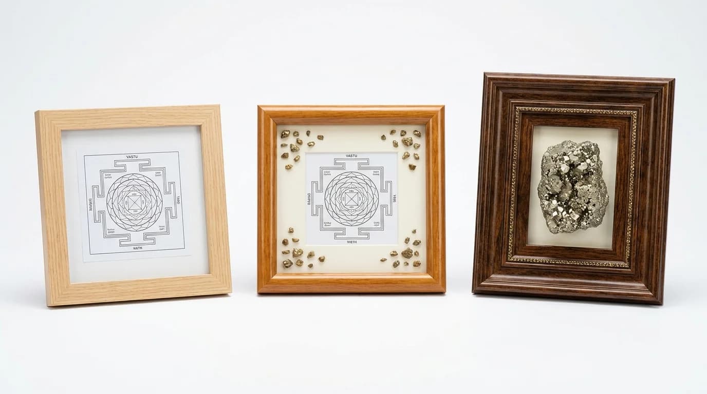 Genuine pyrite Vastu frame with price tag showing â‚¹1,099 for DivineTatva lab-certified product