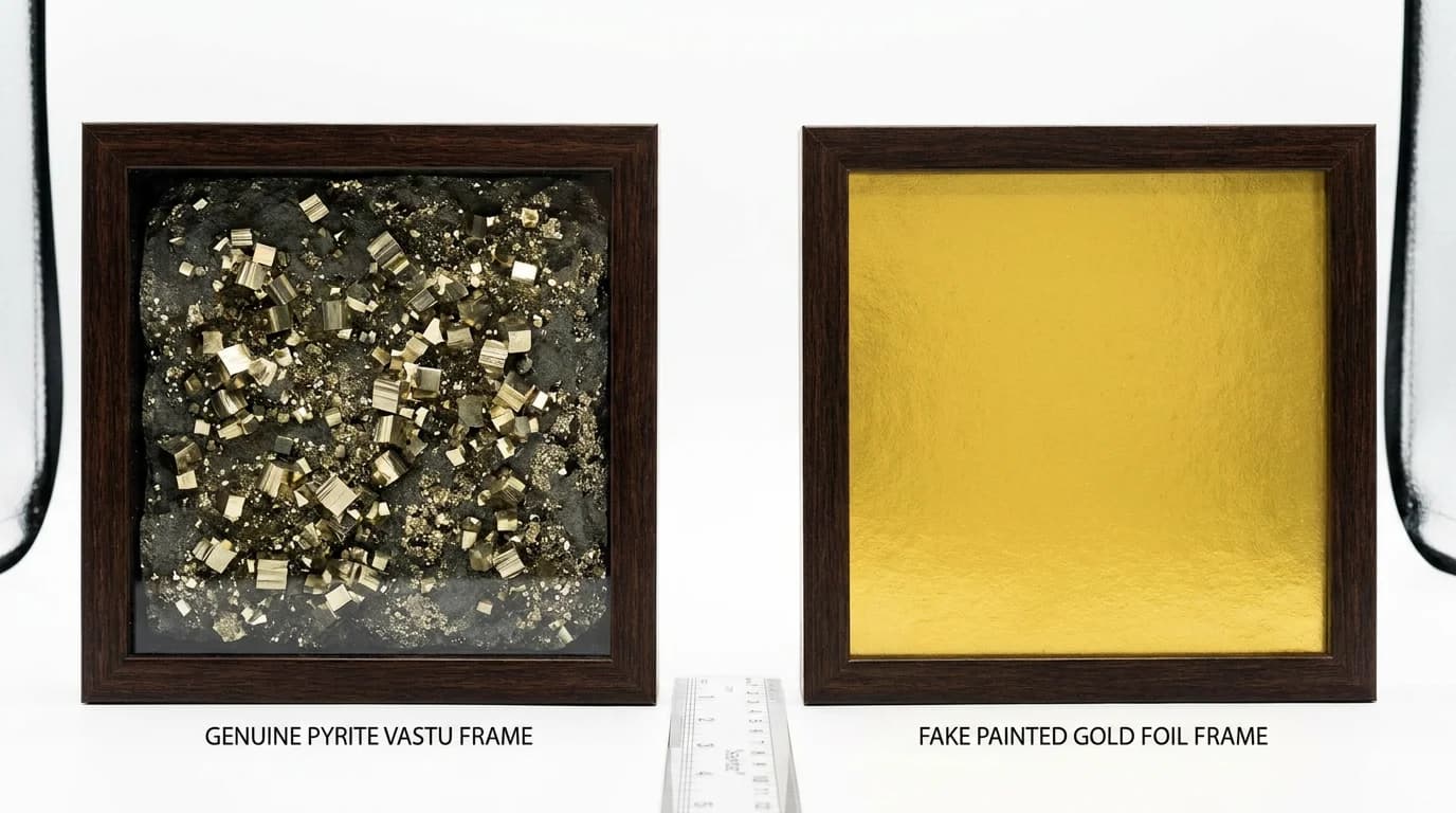 Side-by-side comparison of genuine embedded pyrite Vastu frame and painted gold resin fake