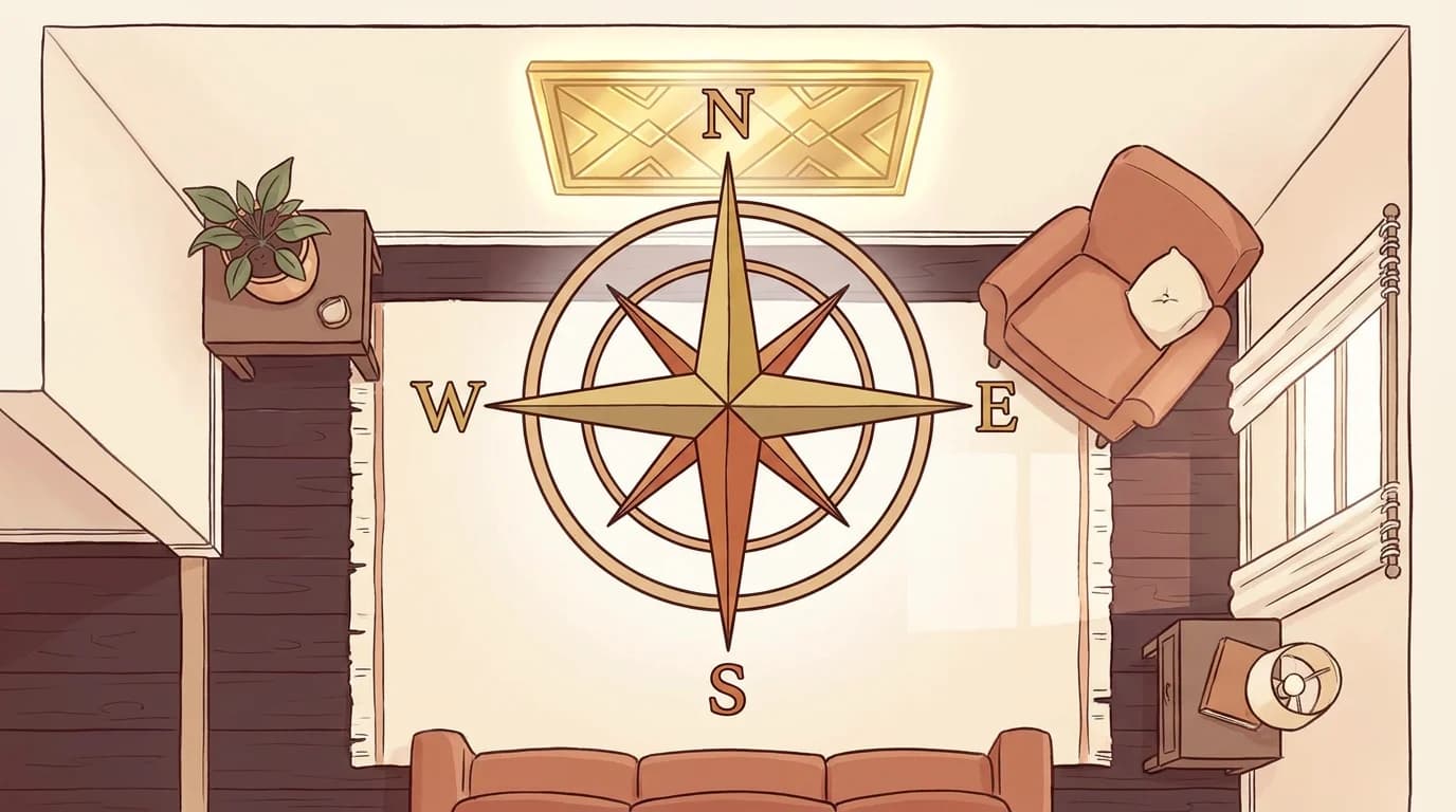 Pyrite Vastu frame mounted on North wall of modern Indian living room at eye level