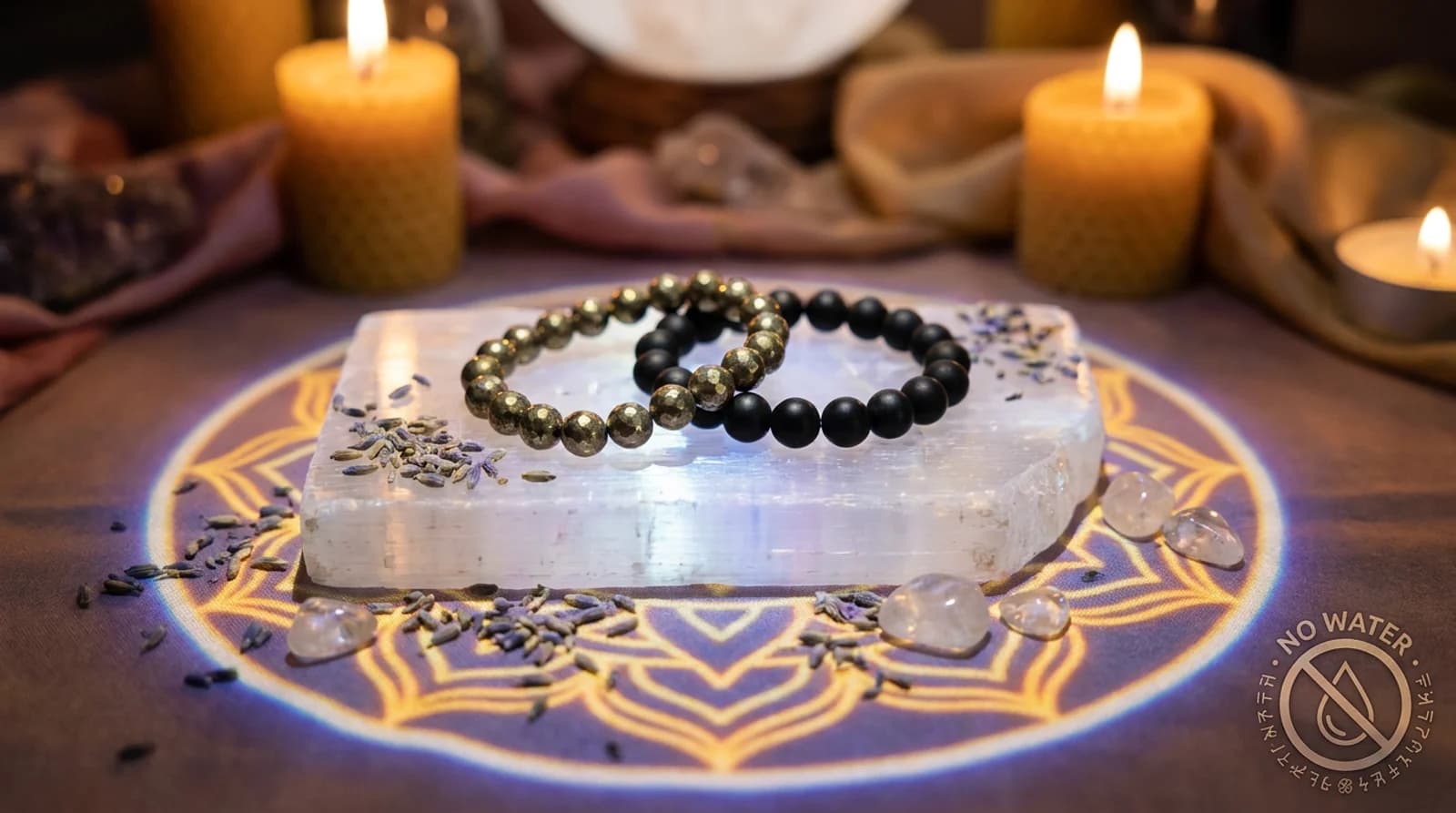 Pyrite wealth combo — golden pyrite and black obsidian bracelets resting on a white Selenite charging plate