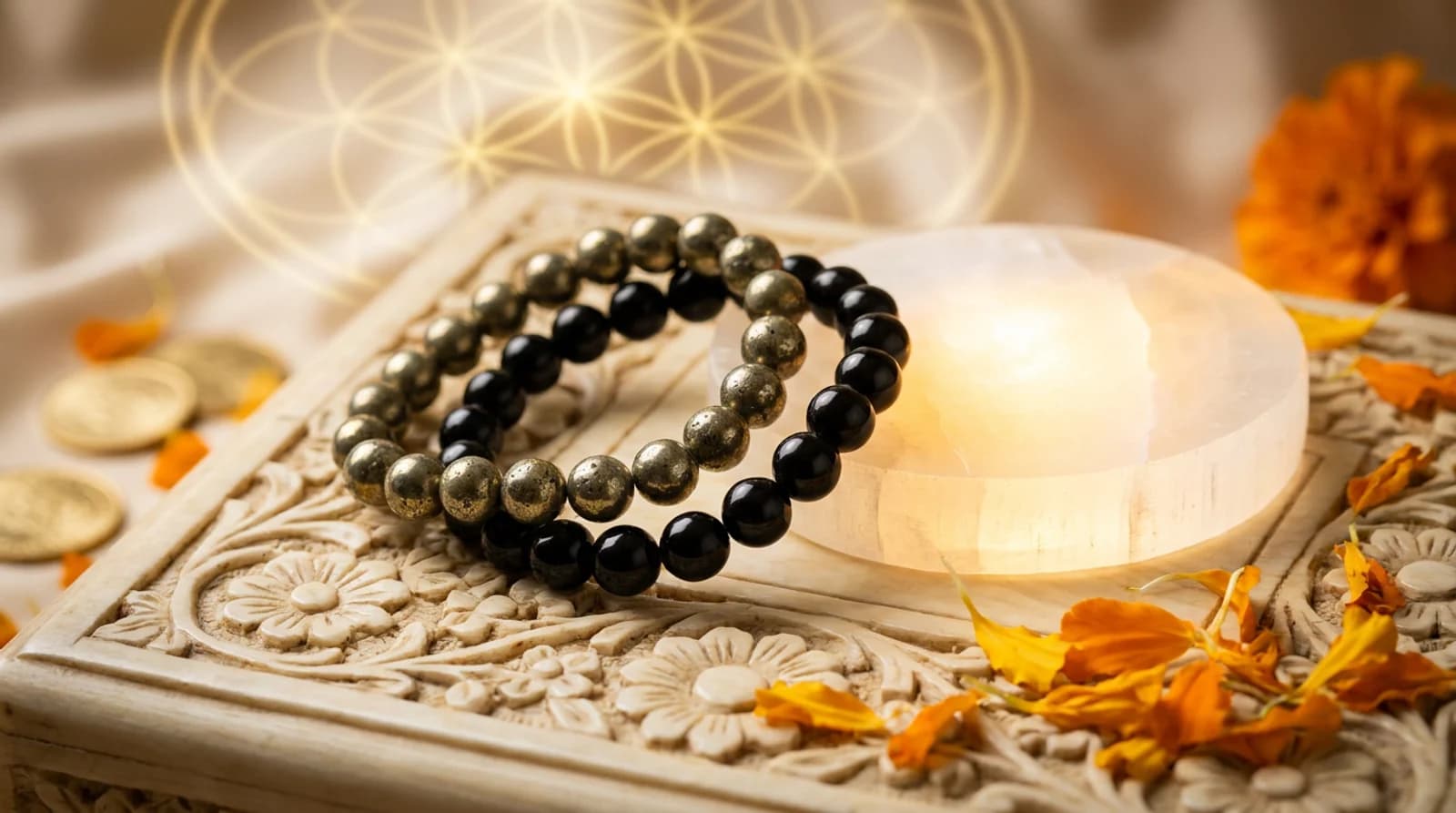 Pyrite wealth combo: golden pyrite and black obsidian bracelets resting on a genuine Selenite charging plate