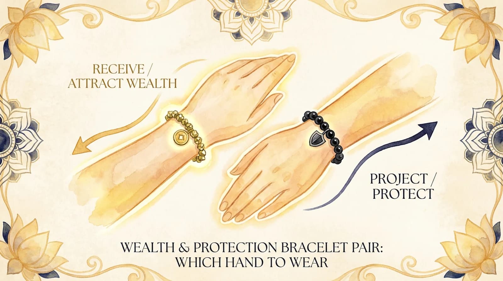 Certified pyrite wealth combo — golden Pyrite and Black Obsidian beaded bracelets resting on a Selenite charging plate