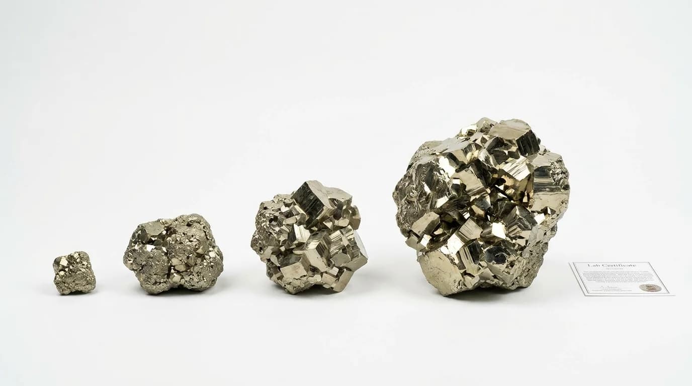 Raw pyrite clusters of different sizes arranged by weight with price indicators, showing the grade range from small specimens to large display pieces