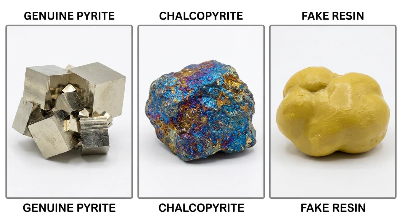 Side-by-side comparison of real raw pyrite with cubic crystal habit versus chalcopyrite with rainbow iridescence