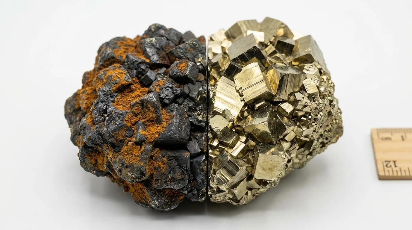 Close-up of raw pyrite cluster being dusted with a dry soft-bristled brush — demonstrating safe dry cleaning method