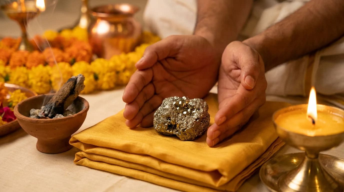 Raw pyrite cluster placed on a red cloth beside loban incense during activation ritual